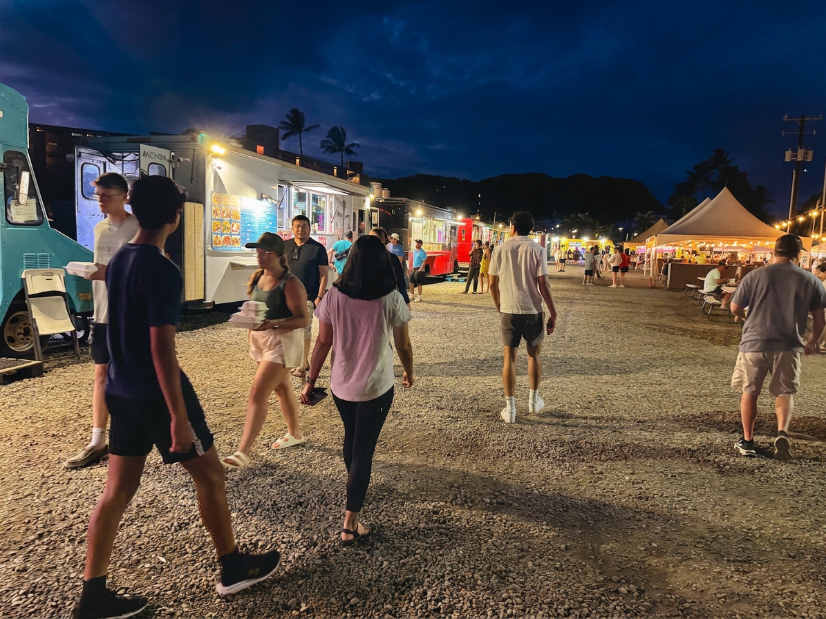 Night scene at Honoapiilani Food Truck Park in West Maui