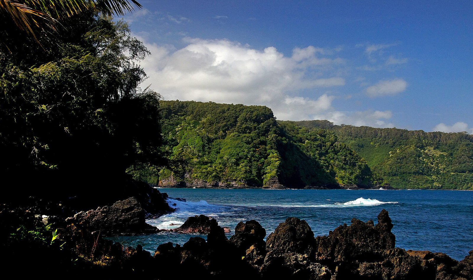 Lava rocks and green coastal cliffs near Keʻanae Peninsula